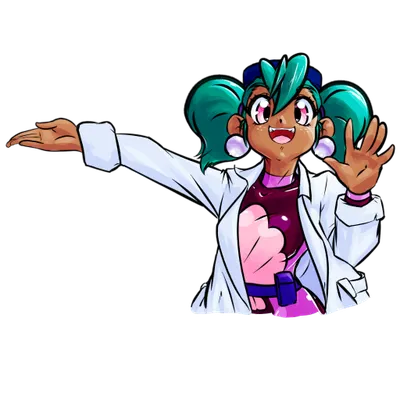 Cartoon character with teal twin pigtails, large expressive eyes, a white lab coat and pink heart shirt, smiling and waving with one hand while the other arm is outstretched to the left.