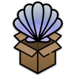 A stylized purple-blue shell icon emerging from a brown cardboard box.