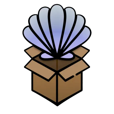 A stylized purple-blue shell icon emerging from a brown cardboard box.